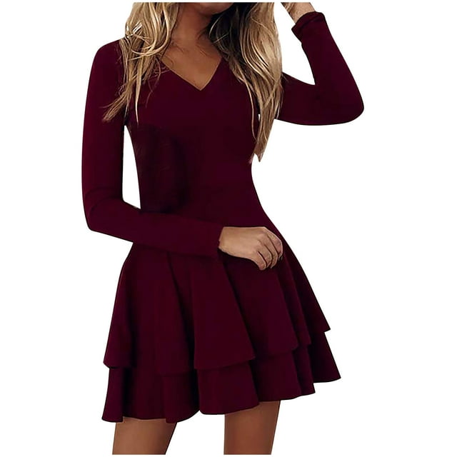 Pompotops Robe Mode Femme Couleur Unie Sexy Col en V à Volants Manches Longues