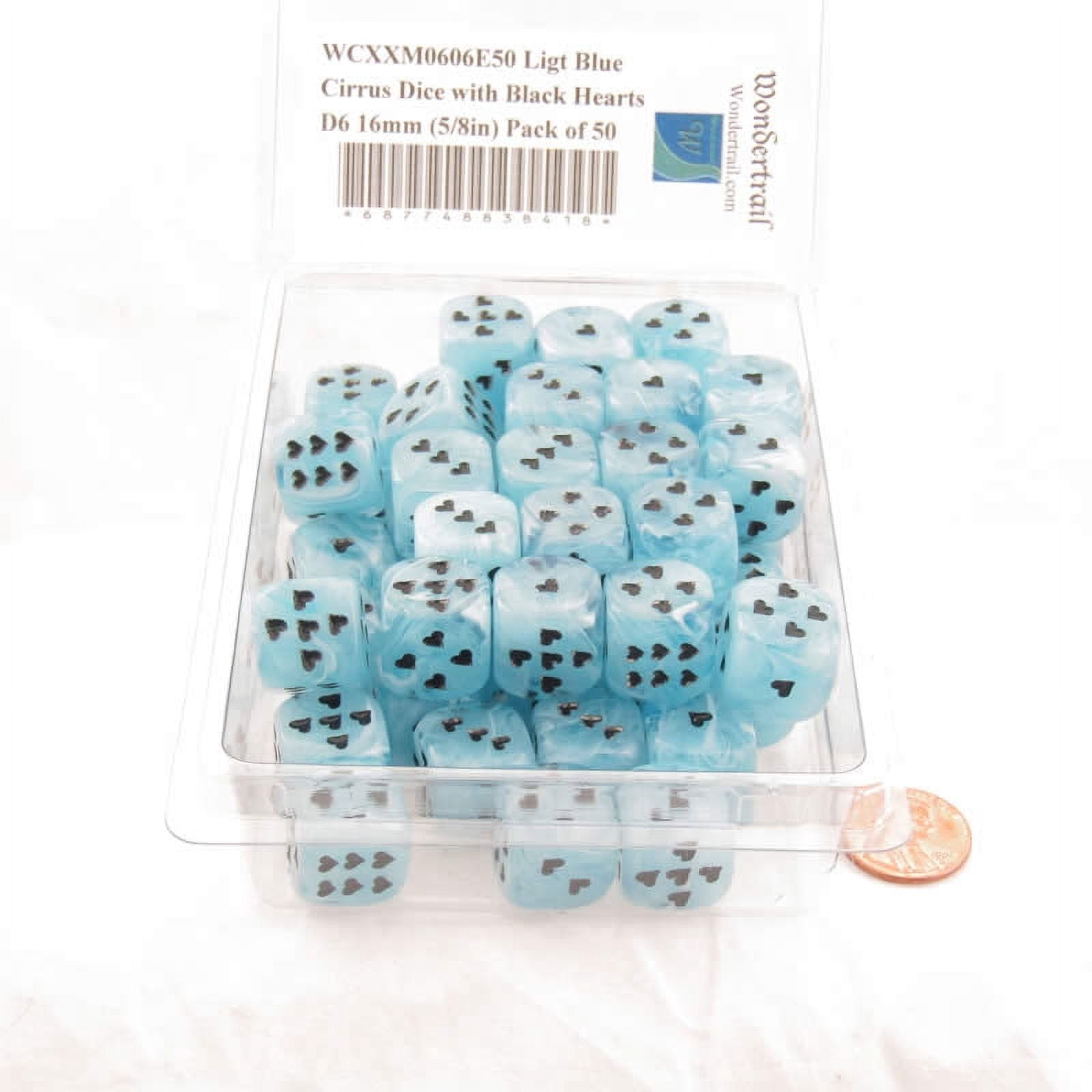 Light Blue Cirrus Dice with Black Hearts D6 16mm (5/8in) Pack of 50 Wondertrail