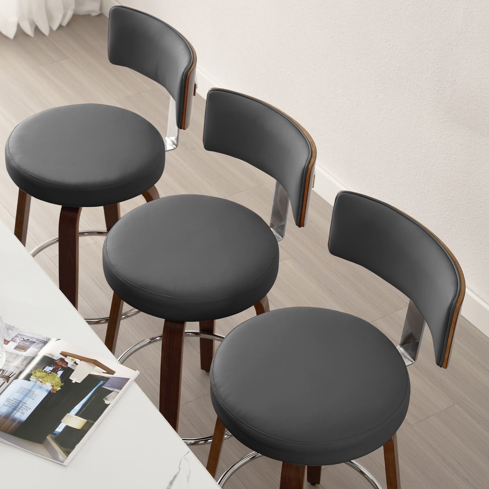 ANMINY Bar Stools Set of 2 360° Swivel with Back and Round Seat PU Leather Barstools 26" Bar Height Upholstered Bar Chairs Island Stools for Kitchen Counter