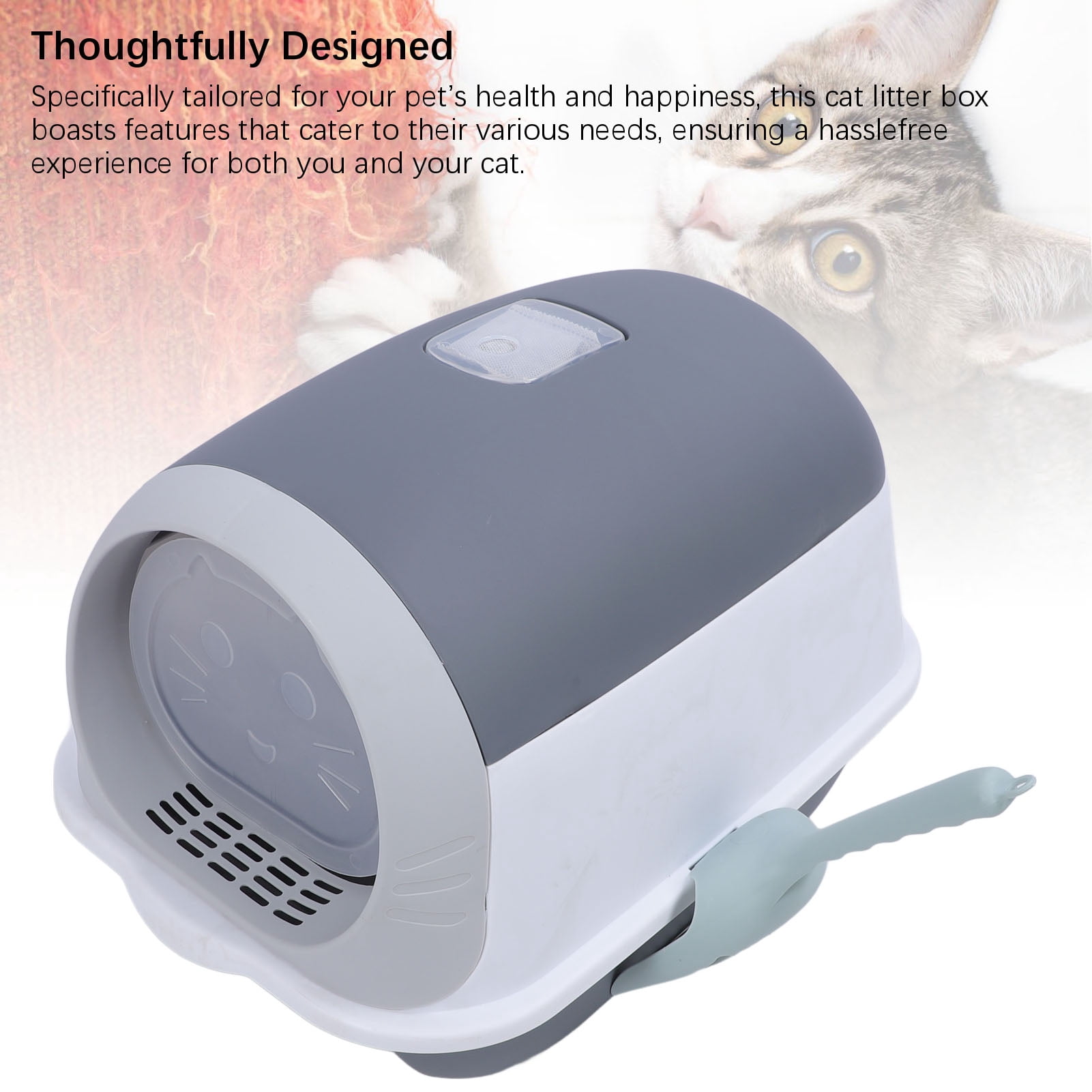 LAZIOEGR Enclosed Plastic Litter Box Extra Large Odor Resistant Easy Cleaning Covered Kitty Litter Box with Scoop for Indoor Cats, Gray (20.87 inches / 53 cm)