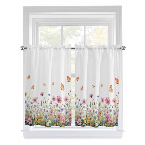 Wild Flowers 2 Panel Kitchen Curtains for Windows, Spring Butterfly Watercolor Country Floral Bathroom Privacy Curtain, Home Décor Window Treatment for Bedroom/Living Room 55"x45"