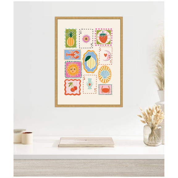 Kate and Laurel Framed Canvas Wall Art Print Storytelling Shores by Aislinn Simmonds Duchess Plum, 18 x 24 Sylvie Bright Gold Frame, Whimsical, Still Life Art for Wall Decor