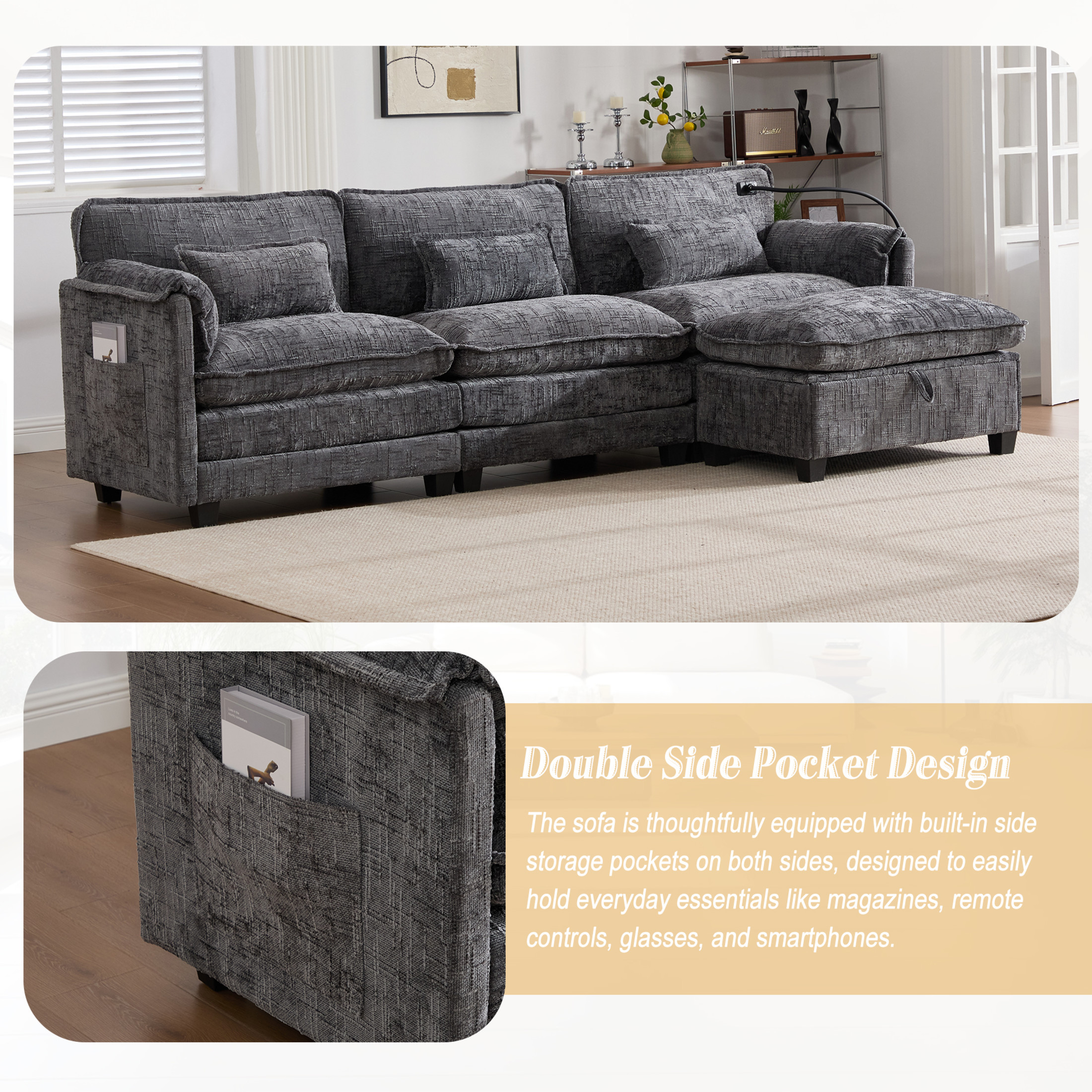 Noble House Modern 112" Oversized L-Shape Sectional Sofa, Chenille Cloud Couch with Modular Storage Ottoman, Gray
