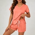 thumbnail image 3 of Bloomae Womens Two Piece Sets Summer V Neck Basic Solid Color Athletic Workout Short Sets Loose Casual Side Slit Short Sleeve Pullover Tops and Drawstring Elastic Waist Shorts with Pockets Orange S, 3 of 7