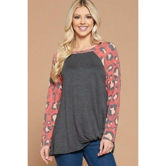Casual French Terry Side Twist Top With Animal Print Long Sleeves S