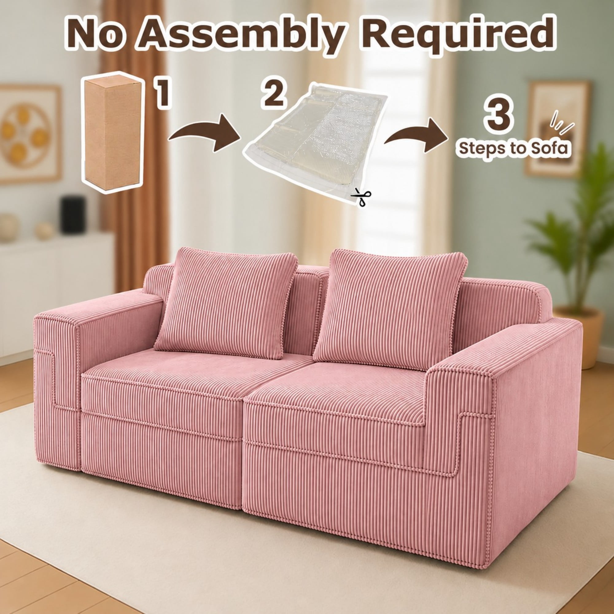 DEALTOPS 81" Modern Corduroy Floor Sofa, Modular 2-Seater Cloud Couch with Deep Seats & 2 Pillows, Pink