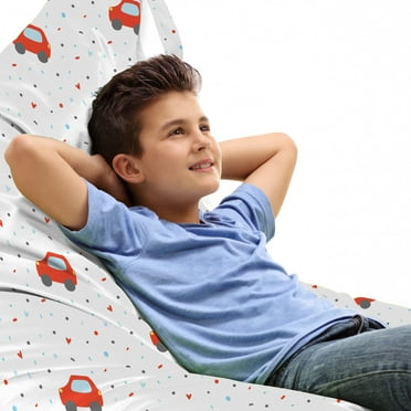 Cartoon Lounger Chair Bag, Continuous Themed Pattern with Rounds Hearts and Cars, High Capacity Storage with Handle Container, Lounger Size, Vermilion Pale Blue, by Ambesonne