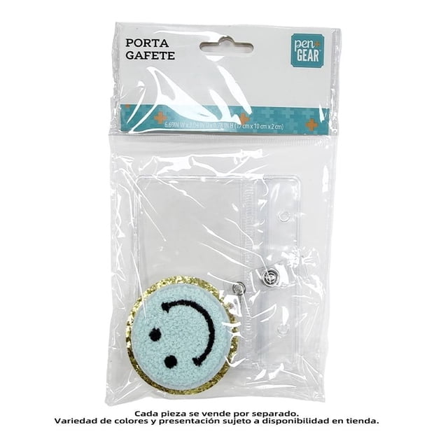 Porta gafete Pen + Gear Retráctil Transparente con Cara Feliz Azul