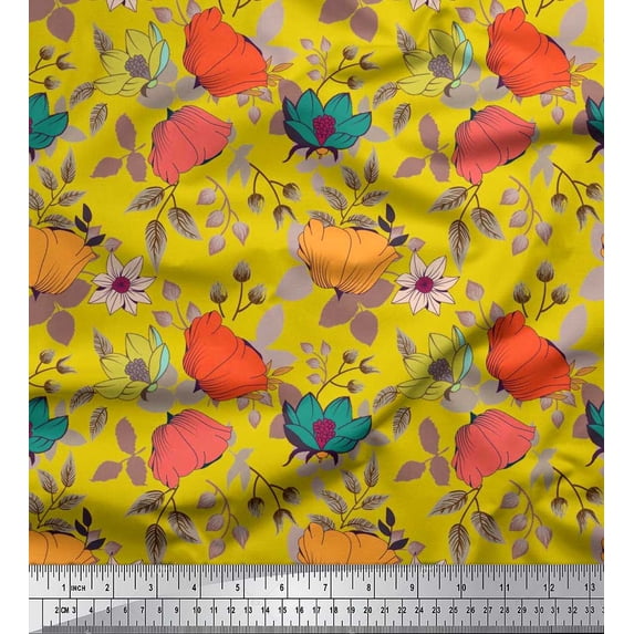 Soimoi Japan Crepe Satin Fabric Leaves & Floral Artistic Print Fabric by the Yard 42 Inch Wide