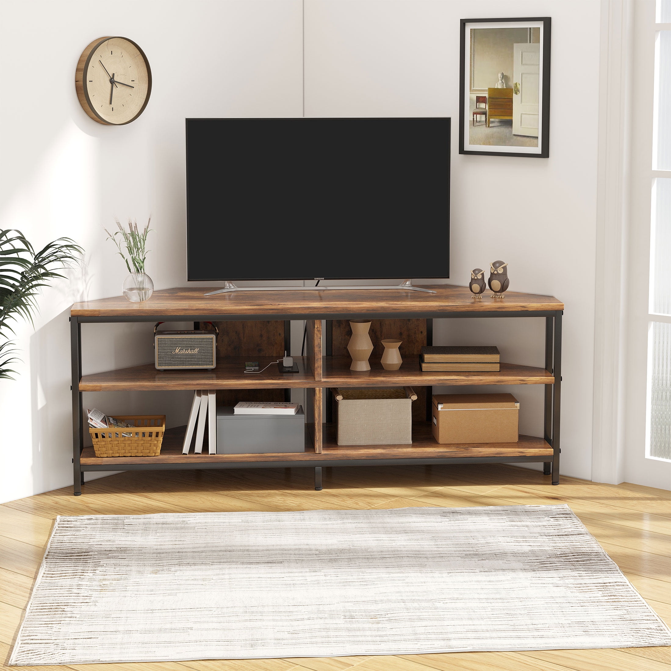 BREEZEHEAT  Corner TV Stand with Metal Leg for TV up to 55 in, French Oak Grey