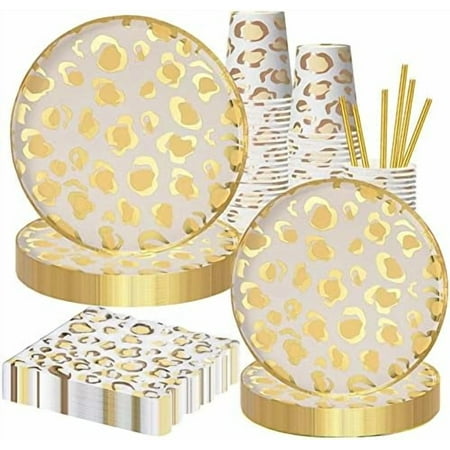 Leopard Print Party Supplies-Leopard Print Party Tableware Set Including Leopard Print Party Plates Cups Napkins Straws for Leopard Print Baby Shower Jungle Safari Animal Decorations