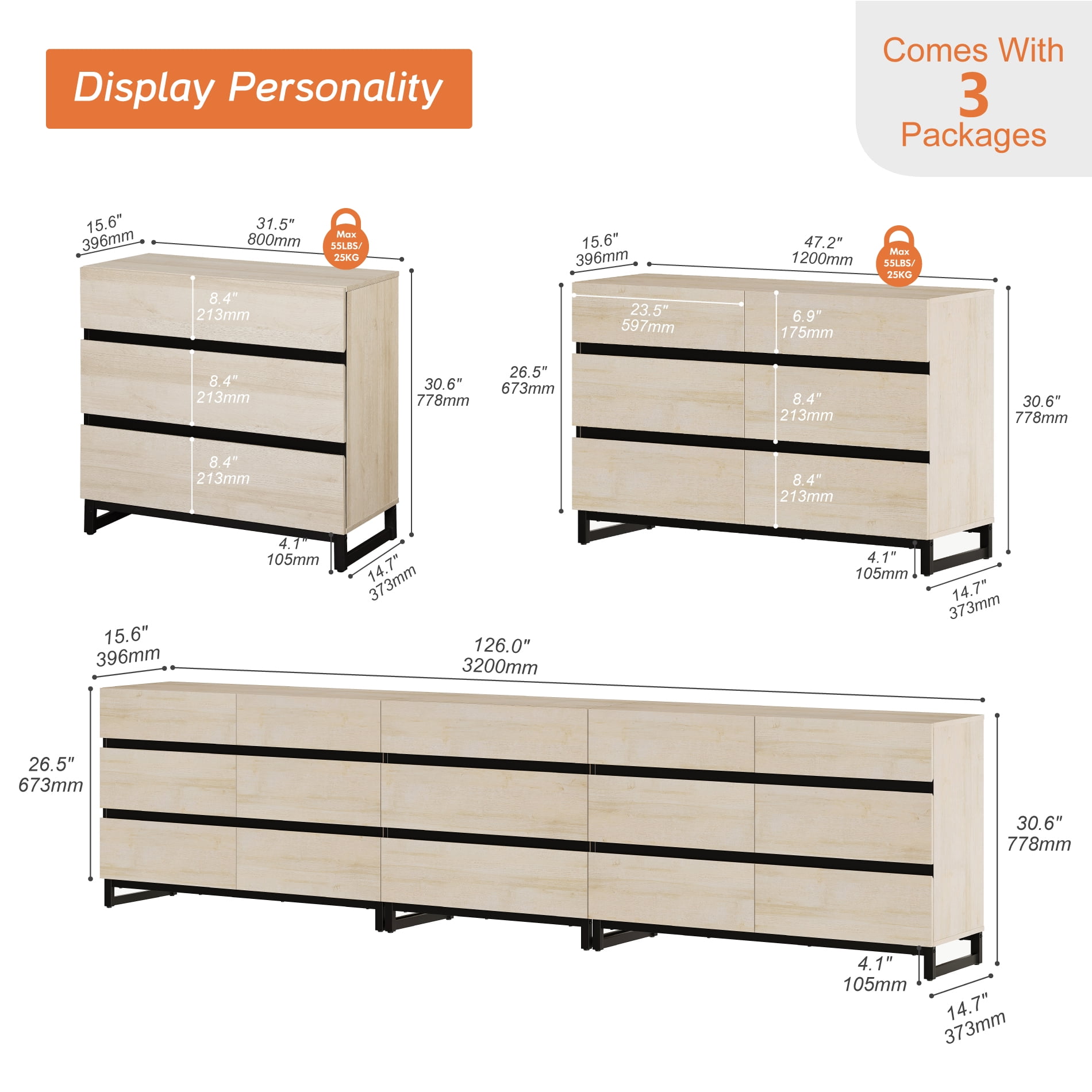 3 In 1 Multifunctional Sideboard Buffet Cabinets With 15 Drawers, Modern Sideboard Credenza With Adjustable Shelf And Metal Base, Coffee Bar Cabinet Storage Cabinet For Living Room, Kitchen