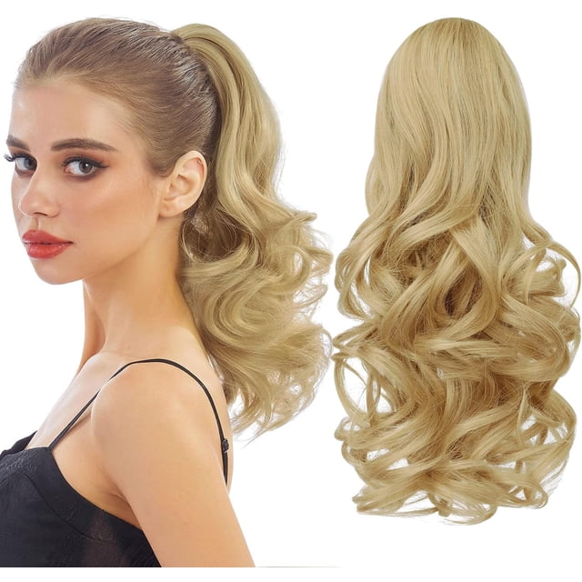 HSHDLDF Rallonge de Queue de Cheval, Rallonges de Cheveux Griffes 16 Pouces Longues et Bouclées, Rallonge de Queue de Cheval à Clip, Postiche Synthétique d'Apparence Naturelle pour Femmes (Blond Miel Clair)