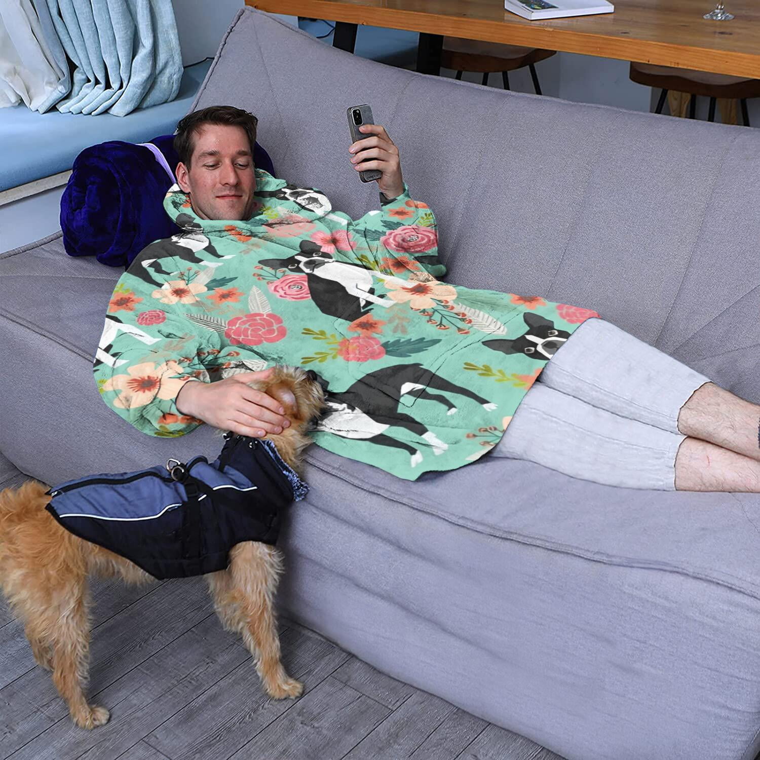 Wearable Oversized Blanket,Boston Terrier Floral Flowers Wearable Blanket Hoodie for Adults,Cozy Hooded Blankets with Super Pockets,Super Warm Fuzzy Pullover for Women & Men