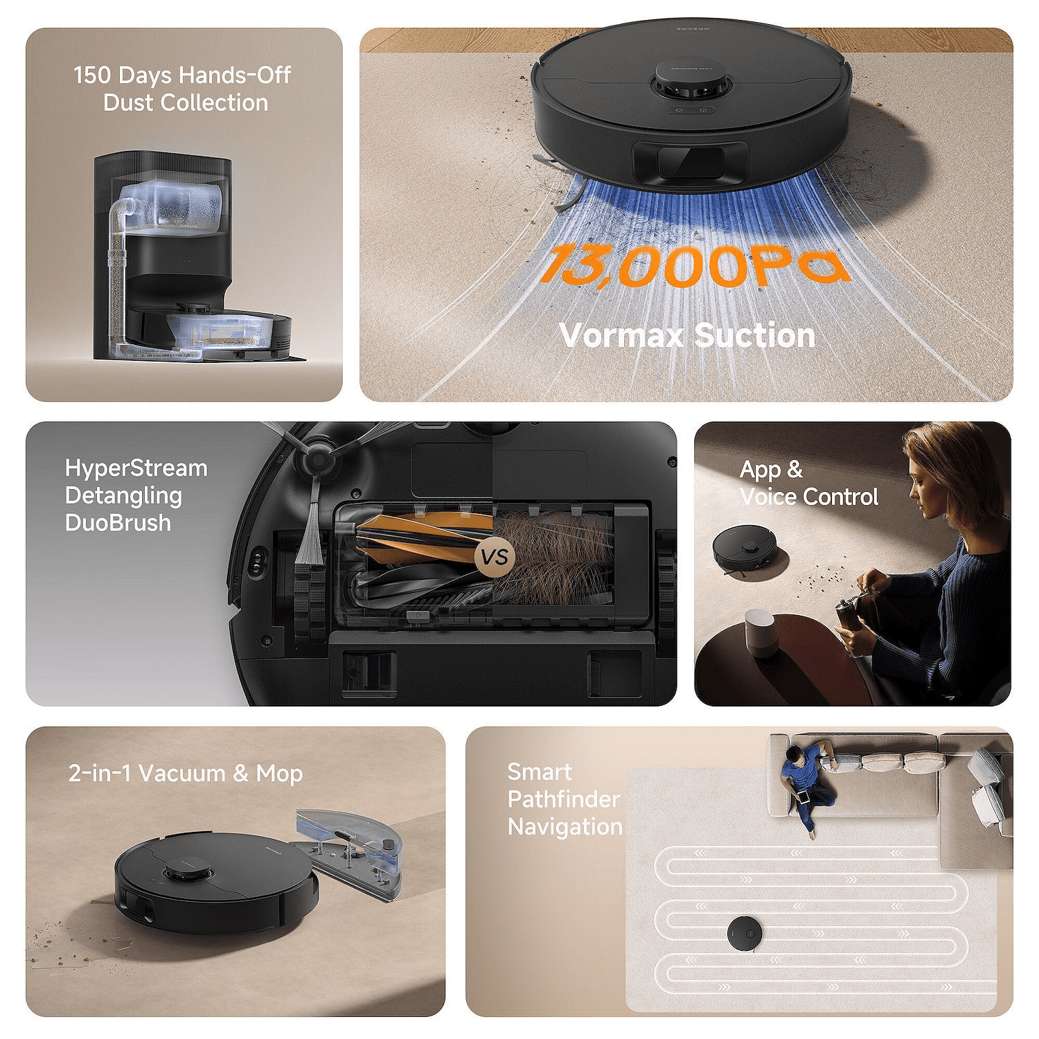 Dreame GoVac 300 Robot Vacuum and Mop, 13000Pa Suction, Pet Hair Capets Friendly, Self-Emptying with 5L Dust Bag, LDS Mapping, App & Voice Control, Black