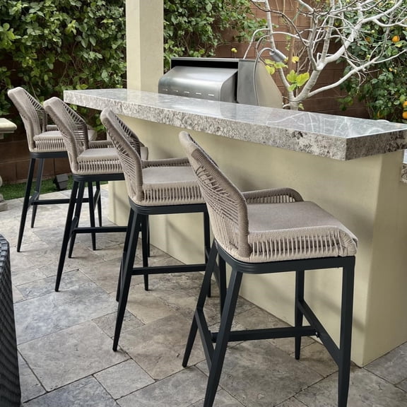 PURPLE LEAF Counter Height Outdoor Bar Stools Set of 2, Rattan Woven Aluminum Boho Style with Back and Cushion, All-Weather, for Garden, Kitchen Island, Patio