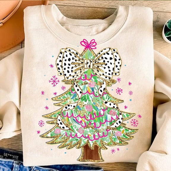 Colorful Floral Christmas Tree Sweater, Pink Green Glitter Coquette Bow Dalmatian Brushstroke Sweatshirt