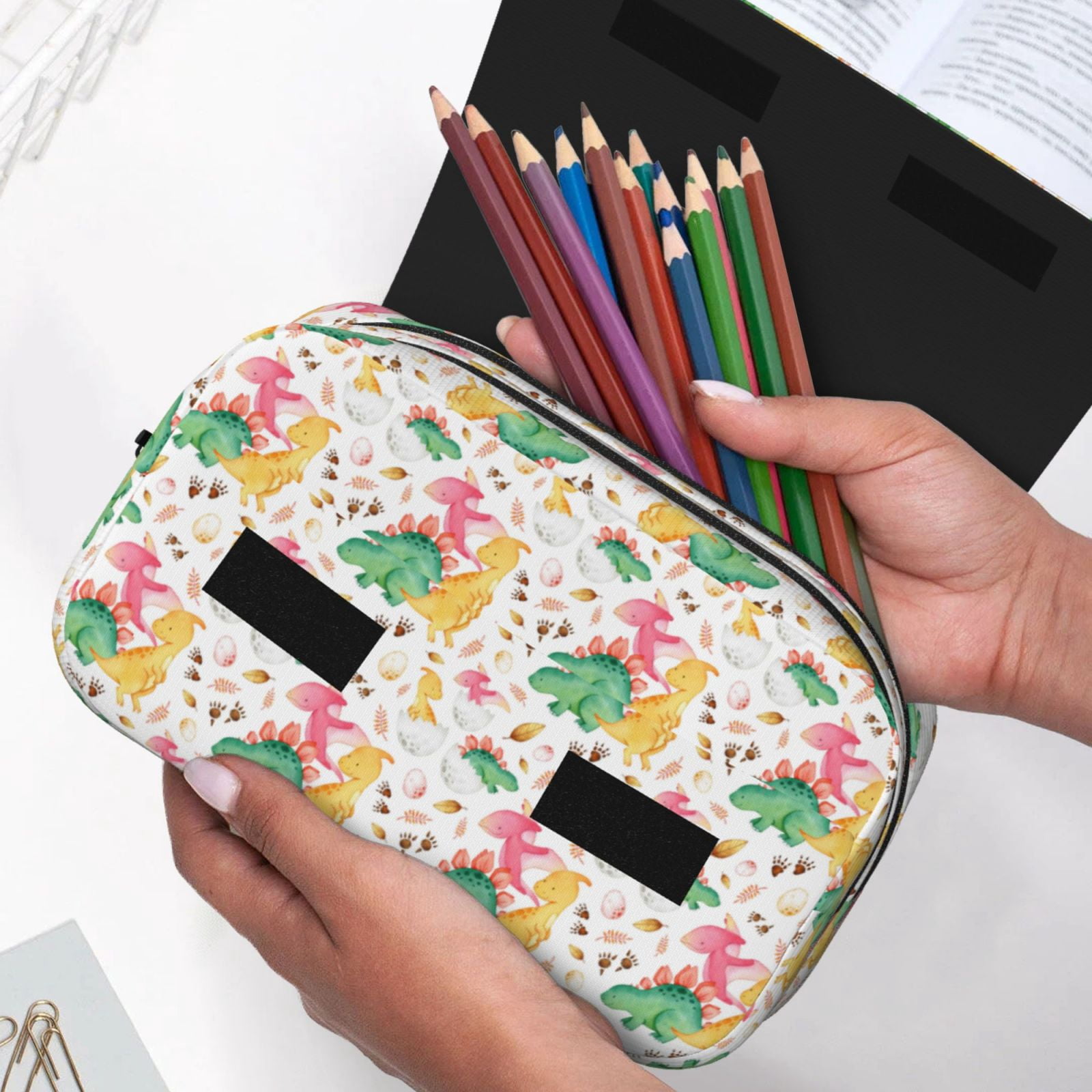 Rateoe Cute Baby Dinosaurs Pattern Double Clamshell Pen Case, Storage Organizer with Two Zipper Compartments– Holds Up to 50 Pencils & Pens