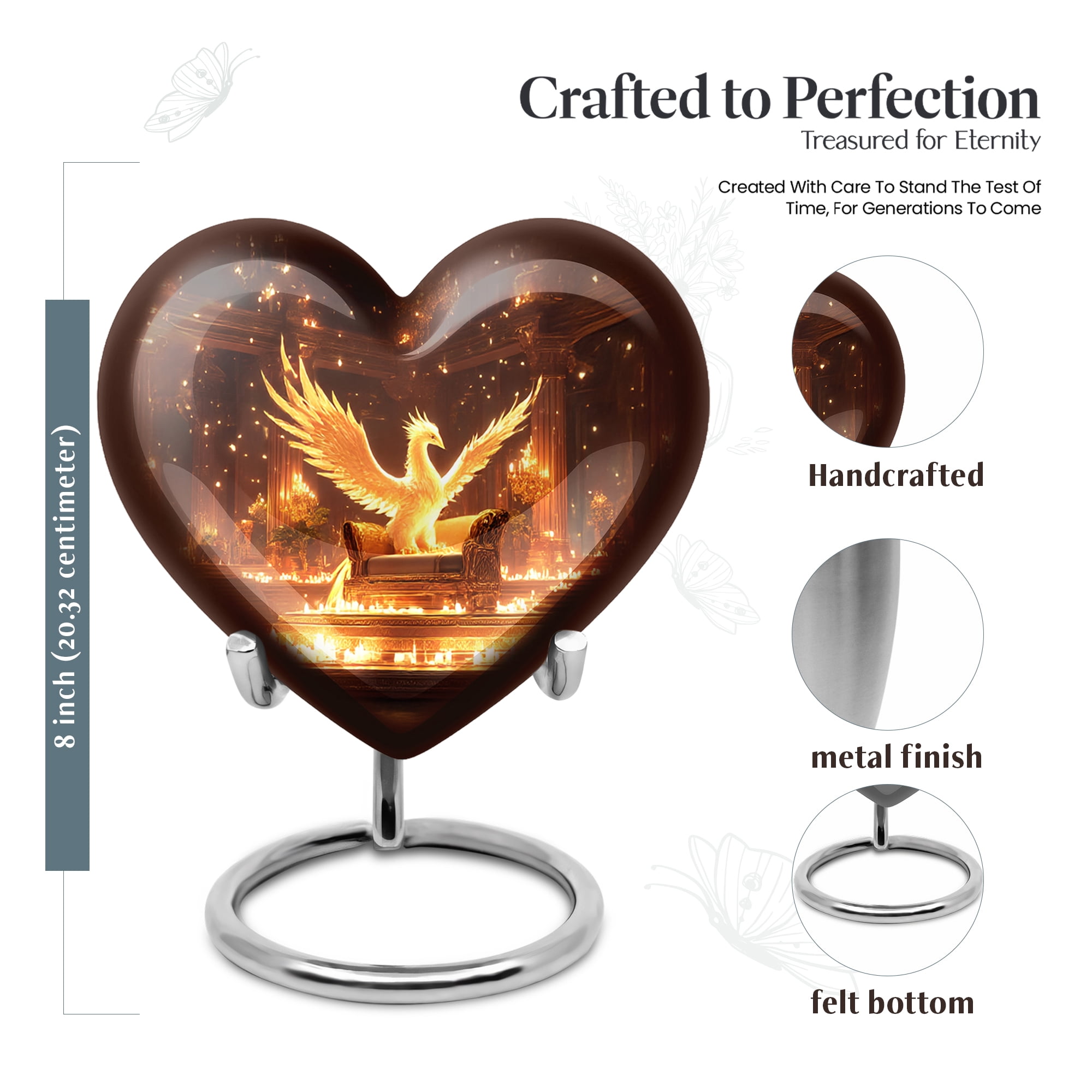MUKTIVE Phoenix Large Urns for Human Ashes Adult for Burial, Memorial Heart Urns for Adult Female & Male, Decoartive Brown Ash Urn for Women, 8 Inch