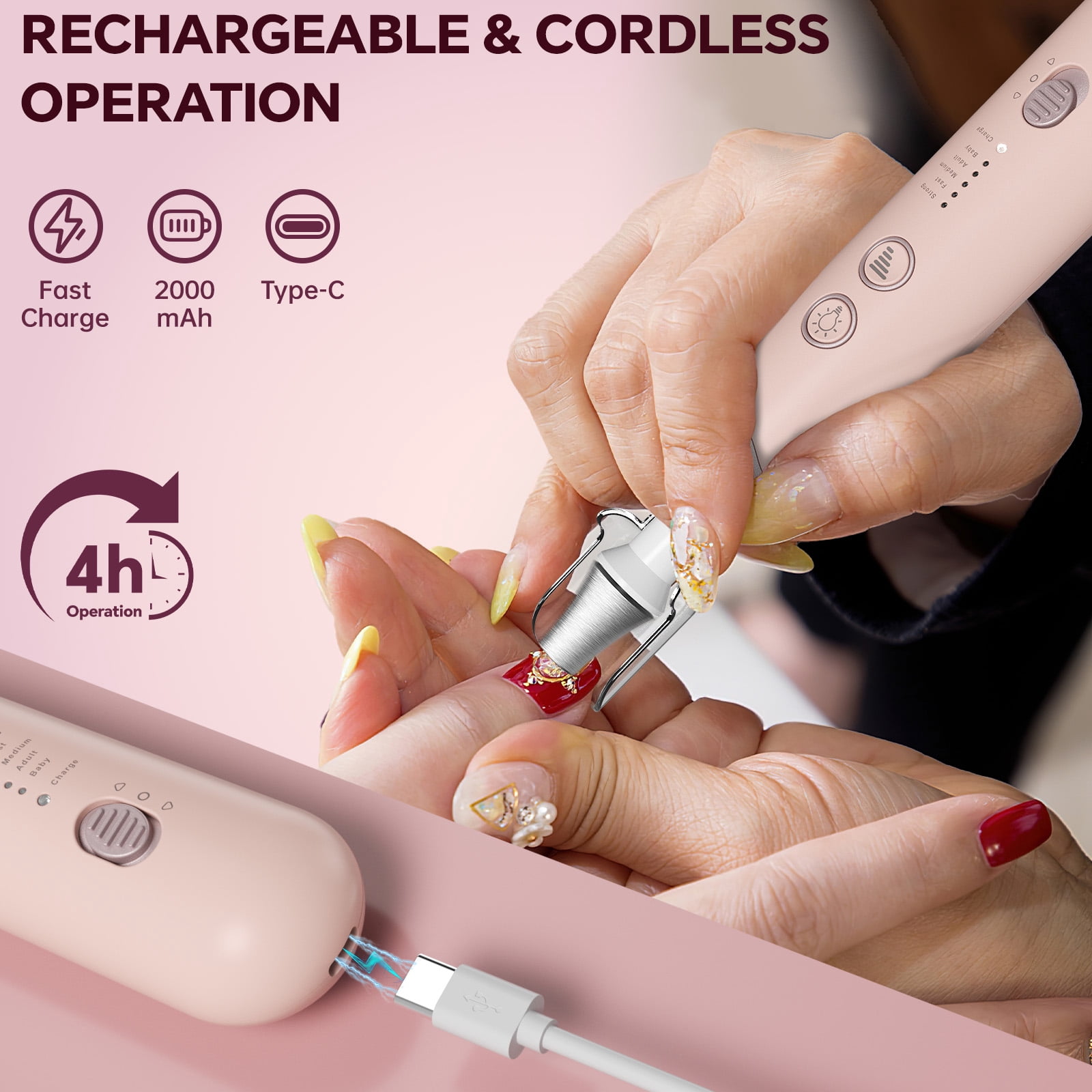CshidWorld Cordless Electric Nail Drill Kit, Professional Manicure Pedicure Tool with LED Light, 9 Drill Bits, 5 Speeds Portable Nail File for Hand Foot Care, Thick Nails Cuticles（Pink）