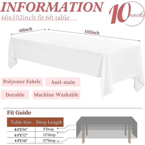 10 Pack Rectangle Tablecloth 60×102 Inch White Table Cloth Polyester Wrinkle Resistant Reusable Decorative Washable Table Covers for Party Wedding Banquet Birthday