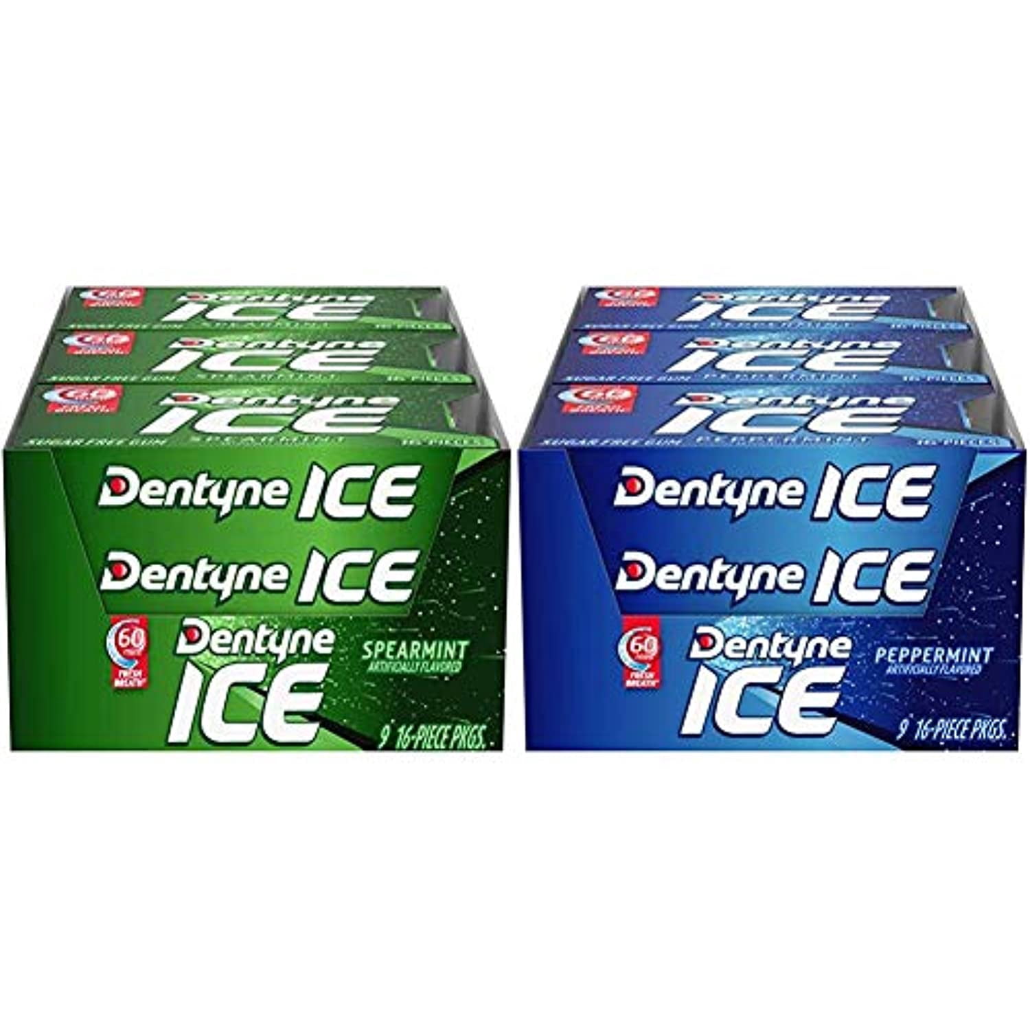 Dentyne Ice Sugar Free Gum (Spearmint 16 Piece Pack Of 9) & Ice Peppermint Sugar Free Gum, 9 Packs Of 16 Pieces (144 Total Pieces)