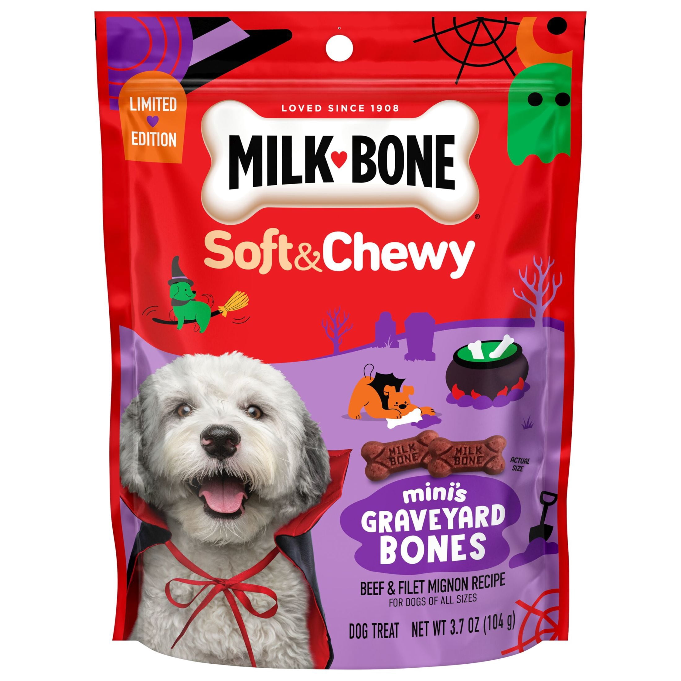 (3 pack) Milk Bone Soft & Chewy Mini’s Graveyard Bones, Halloween Dog Treats, Beef & Filet Mignon Recipe, 3.7 oz Bag