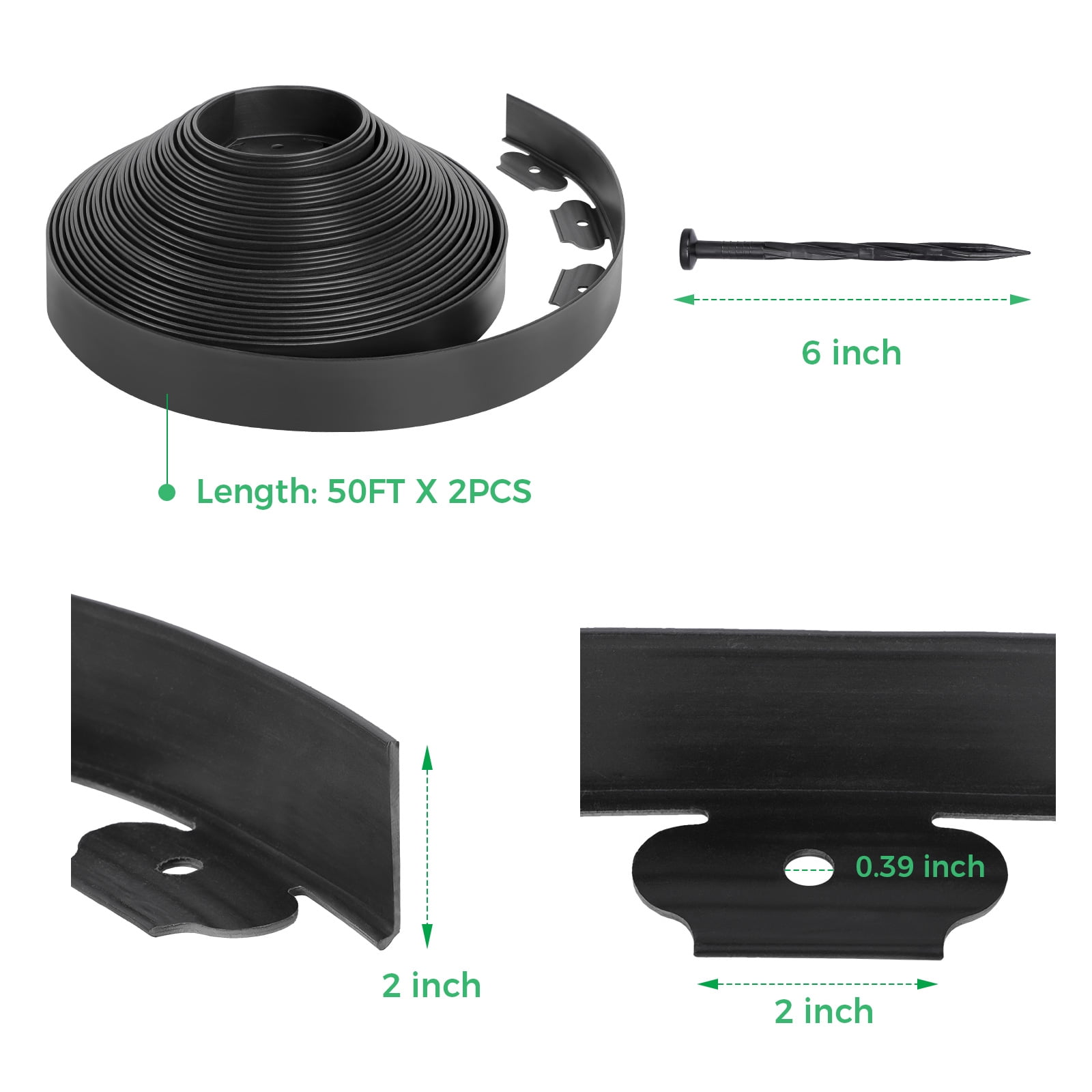 2” x 100 FT Landscape Edging Border with 150 Stakes, Plastic Flexible Tool-Free Lawn Border for Garden Flower Beds Yard Lawn Pathway Paver (Black)