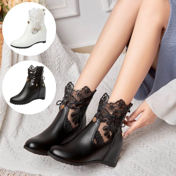 TKYCMSUAKI Fall Boots,Women's Wedge Ankle Boots Fashion Lace V Cutout Chunky Stacked Mid Heel Booties Pump Goth Short Boots For Women Bride Wedding Halloween Cosplay Party