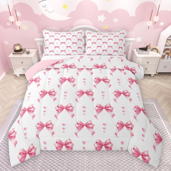 Feelyou Fashion Princess Bow Bedding Comforter Set for Child, Kawaii Bowknot Pink Twin Comforter Sets, Fairy Tale Princess Reversible Bedding Set, Ultra Soft Bedroom Decor, 2 Pieces