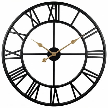 24 inch Black Cutout Large Metal Wall Clock, Steampunk Decorative Analog Clocks for Living Room Home Wall Decor