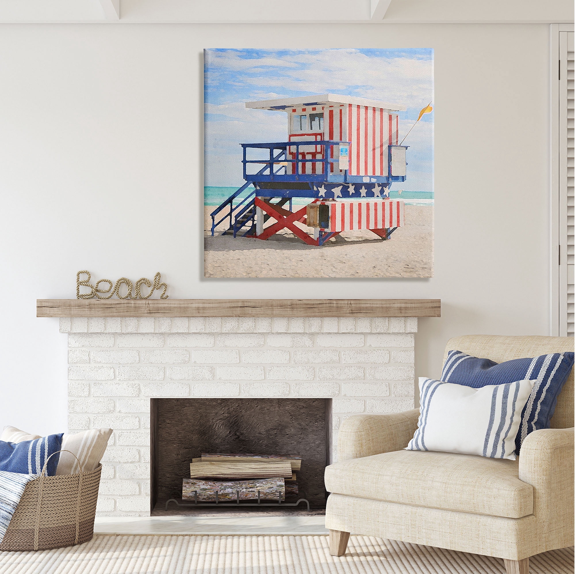 Stupell Industries Striped Lifeguard Hut Nature Painting Gallery Wrapped Canvas Print Wall Art, 36 x 36