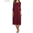 thumbnail image 4 of BadPiggies Women's Plus 3/4 Sleeve A-line Midi Long Dress Round Neck Loose Fit Casual Flare Dress (L, Red), 4 of 8