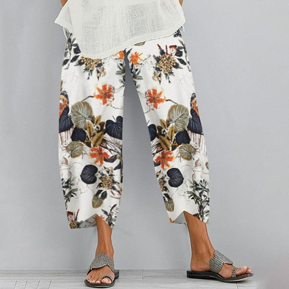 Capris Pants for Women Clearance Loose Printed Capris Straight Lightweight Stretch Sweatpants Elastic Waist Summer Casual Capri Pants Yellow 3XL