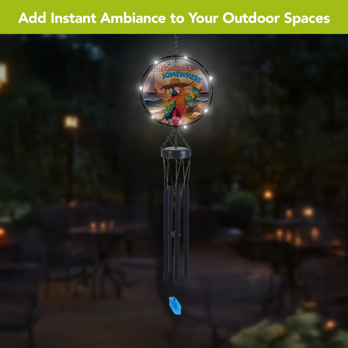 Briarwood Lane Summer LED Illuminated Solar Powered Glass Suncatcher  Wind Chime 37x8 Sunset Parrot For Summer Wind Chime For Outdoors Melodic Metal Windchimes Wind-Chimes