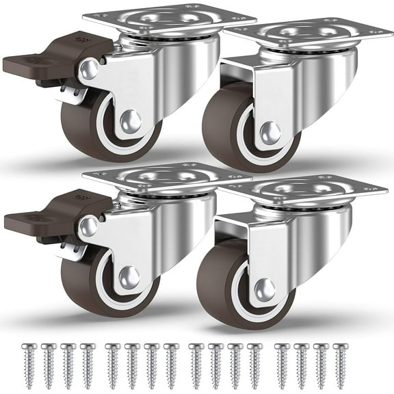4 Pack 1-inch Small Caster Wheels with 2 Brakes   Screws - 200 lbs Capacity - Low Profile Castor Wheels for Indoor Furniture.