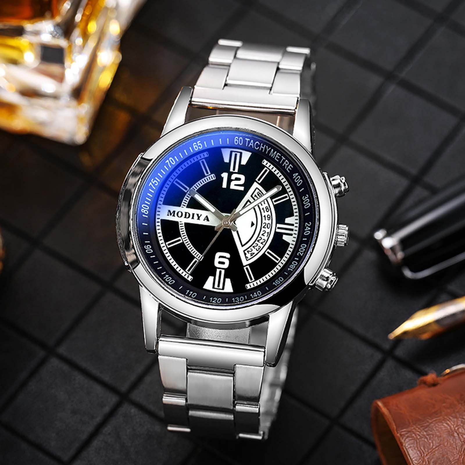 Pgyong Watches Men's Casual Trendy Blue Light Glass Quartz Steel
