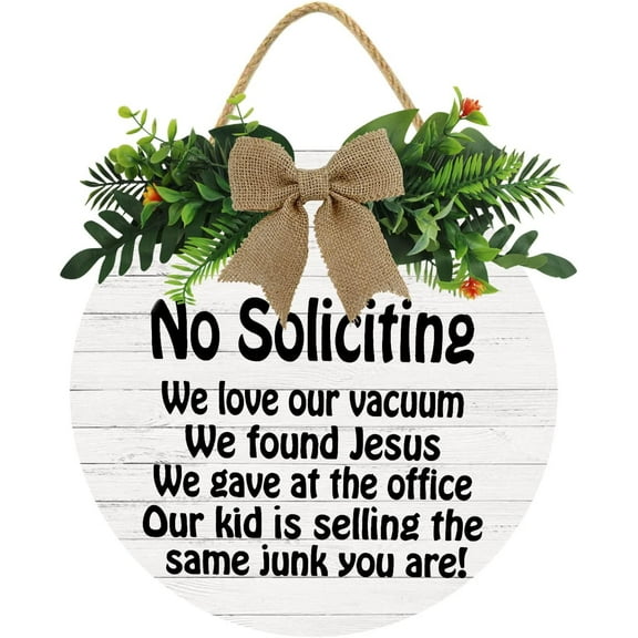 Eveokoki 12" No Soliciting Yard, No Soliciting We Love Our Vacuum We Gave At The Office Door Wood Sign for All Seasons Home Front Porch Door Decoration with Buffalo Plaid Bow