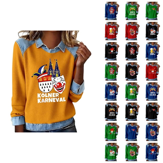 Mardi Gras Chemises à Manches Longues pour Femmes 2026 Mode Denim Patchwork Col à Revers Chandail en Molleton Graphique