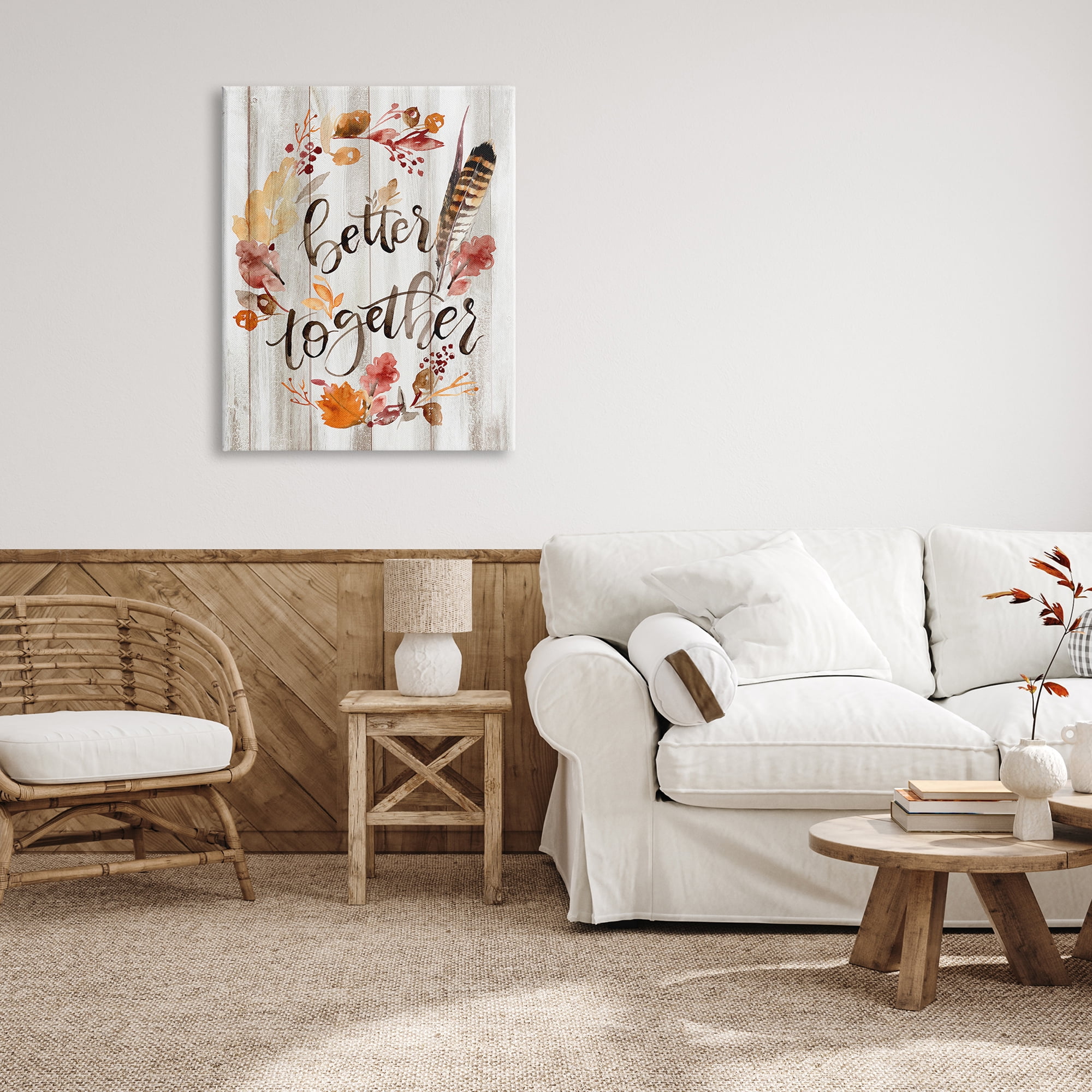 Better Together Rustic Boho Calligraphy Feather Plants Botanical & Floral Graphic Art Gallery-Wrapped Canvas Print Wall Art