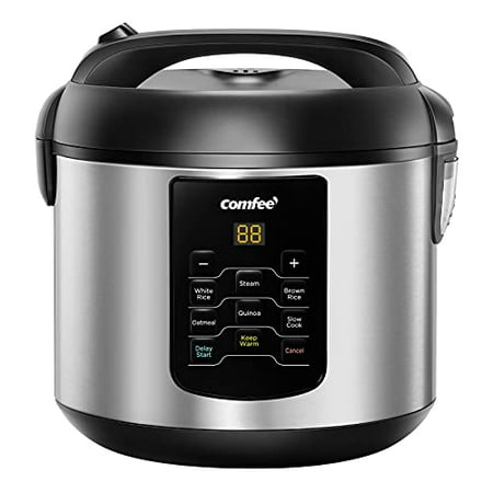 COMFEE  Rice Cooker  6-in-1 Stainless Steel Multi Cooker  Slow Cooker  Steamer  Saute  and Warmer  2 QT  8 Cups Cooked  Brown Rice  Quinoa and Oatmeal  6 One-Touch Programs
