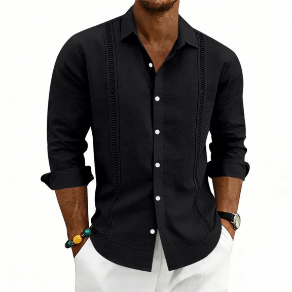 GrmtClth Mens Button Down Shirt Long Sleeve Linen Shirt Casual Beach Vacation Dress Shirt Summer Big and Tall Textured Shirt with Pocket Black XL