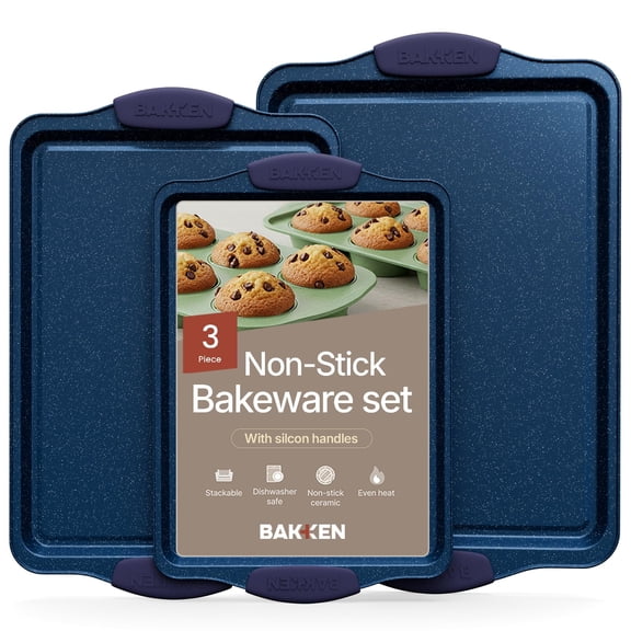 Baking Pan Set, 3 Piece Nonstick Carbon Steel Bakeware Set with Blue Silicone Handles, Oven Safe Bakeware for Baking Cakes, Cookies, Muffins, and Roasting Vegetables, Essential Kitchen Cookware, Blue