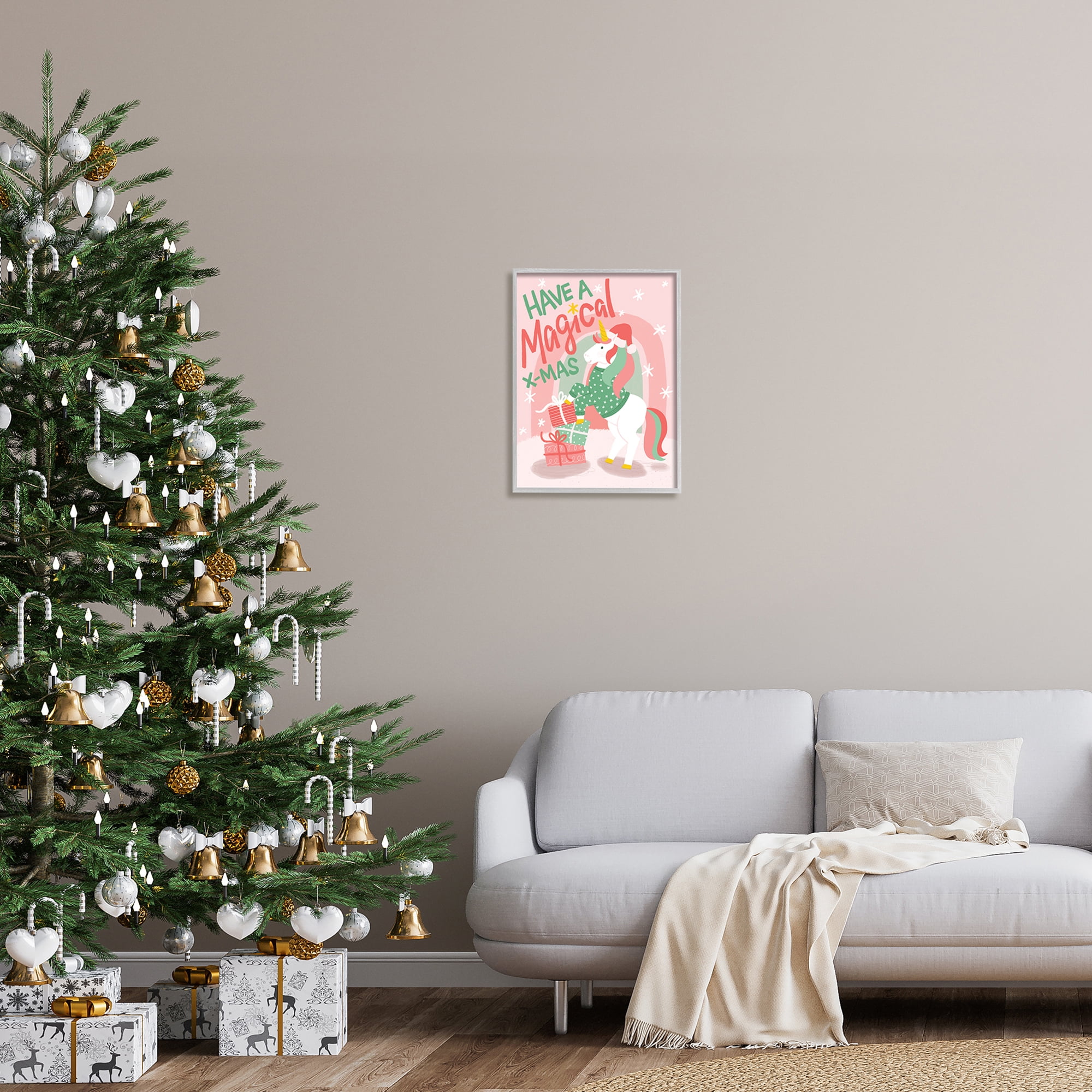 Magical X-Mas Pink Unicorn Rainbow Holiday Gifts Fairy Tales & Fantasy Graphic Art Framed Art Print Wall Art
