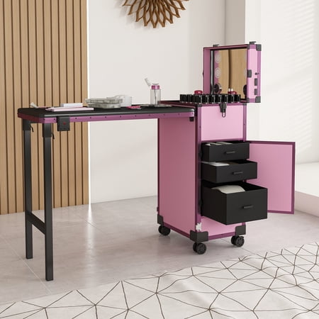 AENKYO All-in-One Portable Nail Table w/ LED Mirror Bluetooth Speaker | Salon & Home Manicure Station Black with Pink