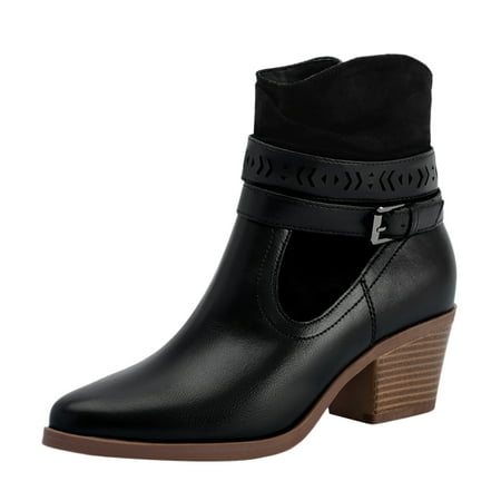 YHGFVOKJ Boots for Women Foreign Trade Non Slip PU Leather Low Boots Belt Block Heel Thick Heel Pointed Head Boots Shoes Heel Boots Black 7