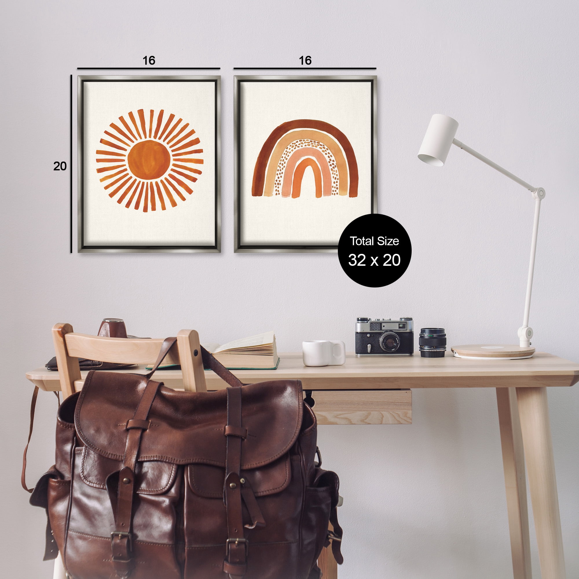 Stupell Industries Orange Sun Patterned Rainbow Boho Landscape Painting Gray Floater Framed Canvas Art Print Wall Art, 17 x 21, Set of 2