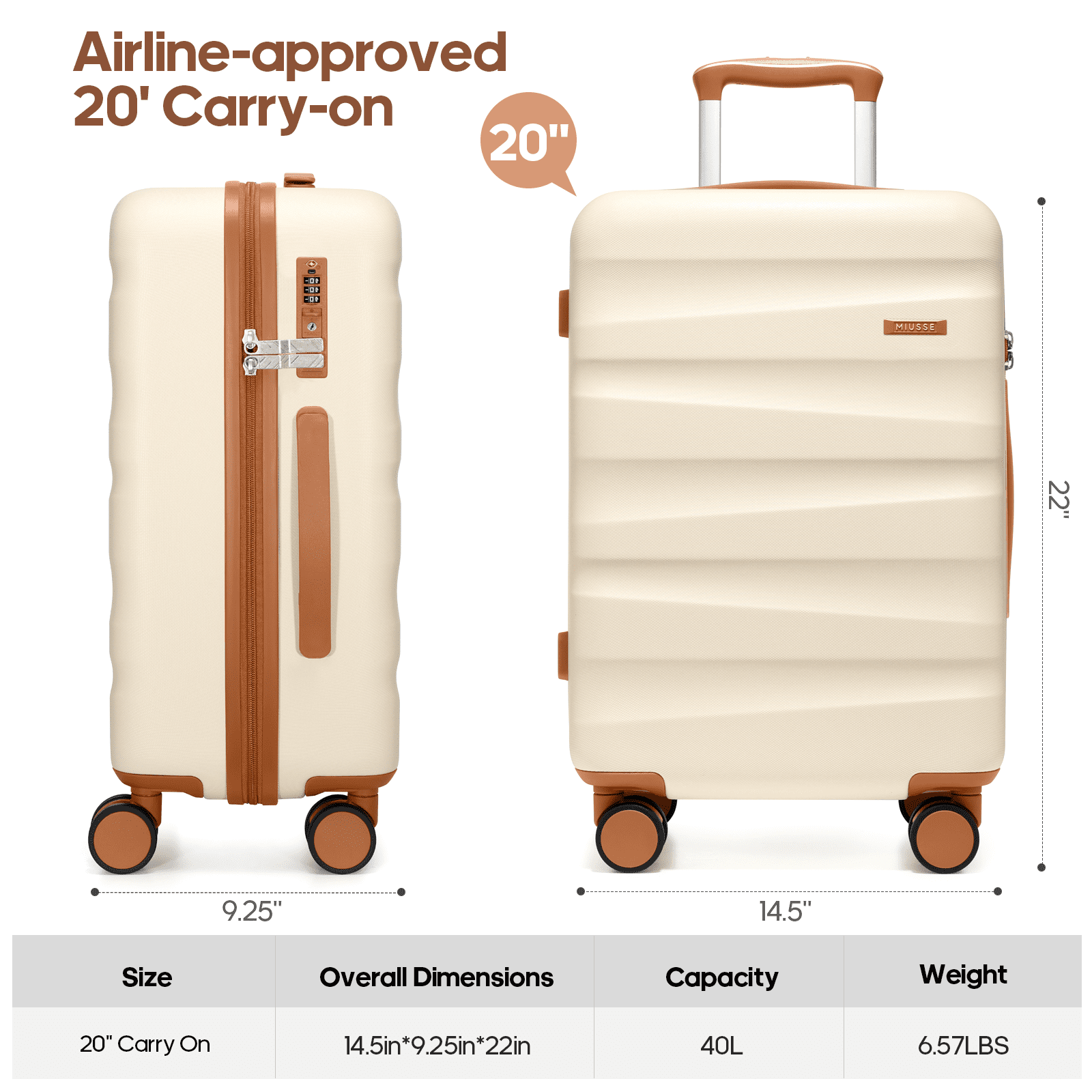 MIUSSE 20 inch Carry On Luggage Airline Approved 100% PC Lightweight Hard Shell Suitcase with Spinner Wheels and TSA Lock, Beige