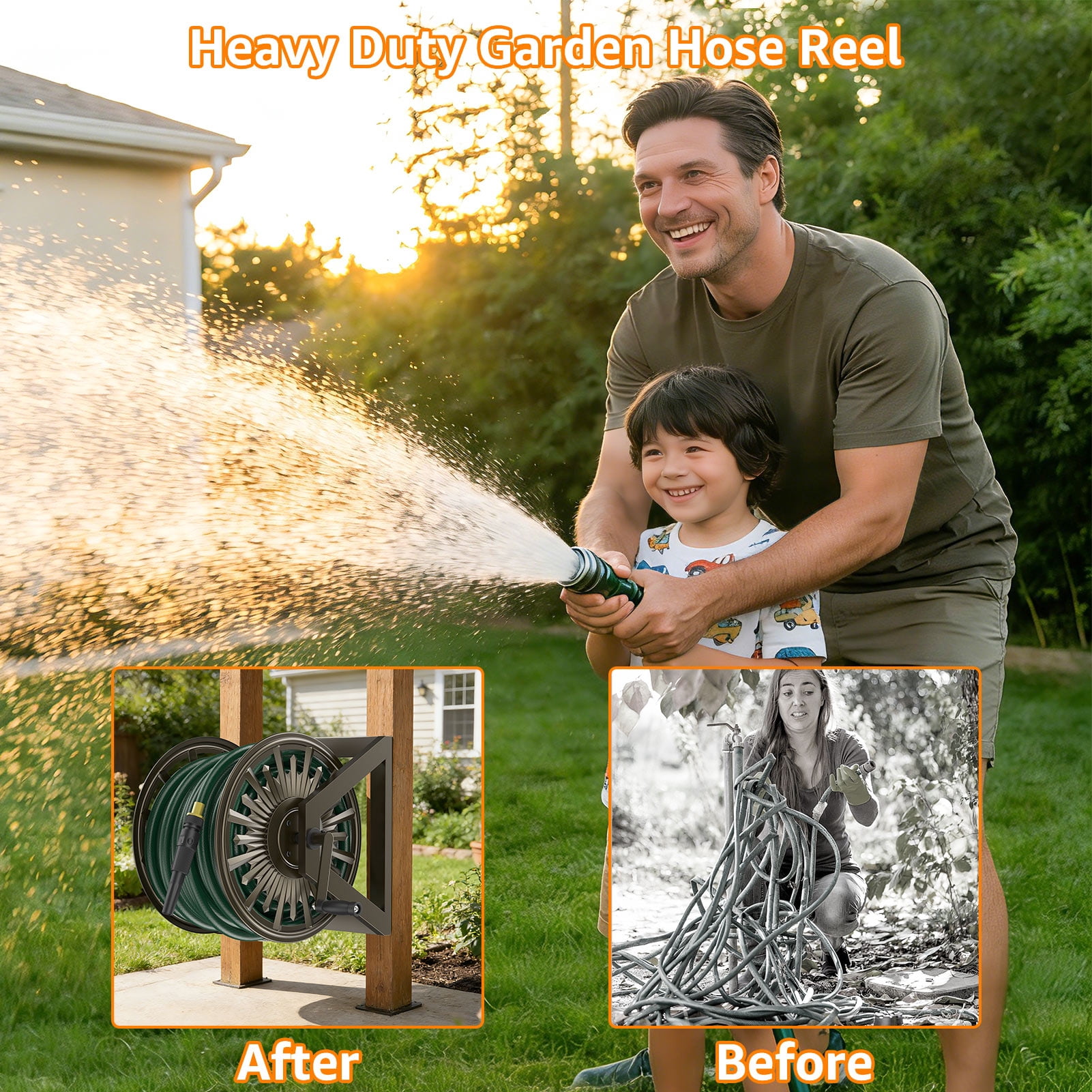 Outlandpro Garden Wall/Floor Mount Hose Reel, Decorative Hose Reel, Garden Heavy-Duty Water Hose Holde, Holds 200-Feet of 5/8-Inch Hose