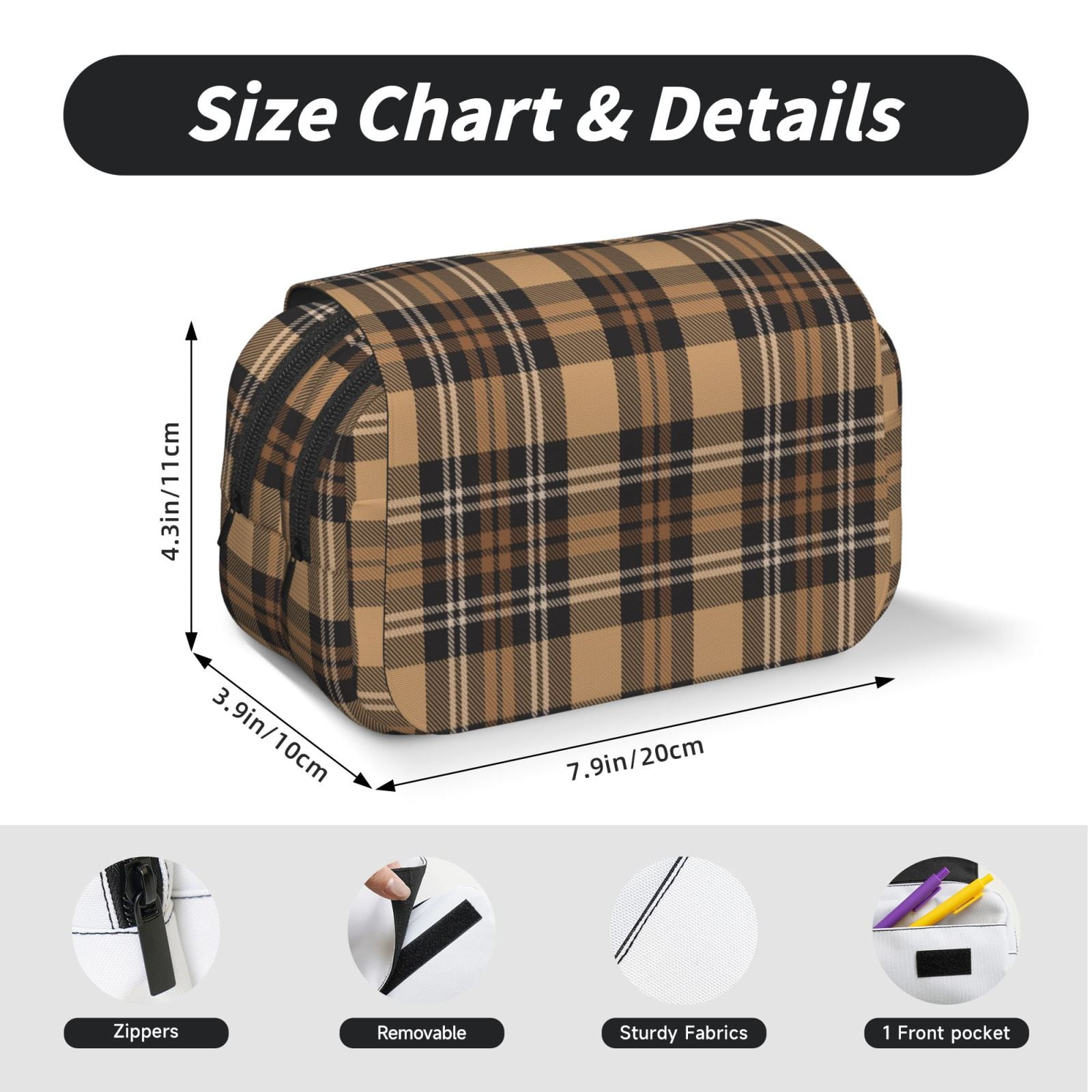 Rateoe khaki coffee plaid Pattern Double Clamshell Pen Case, Storage Organizer with Two Zipper Compartments– Holds Up to 50 Pencils & Pens